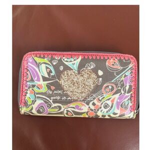SAKROOTS Songbird LRG Zip WALLET Brown Coated Canvas Glitter Heart Peace